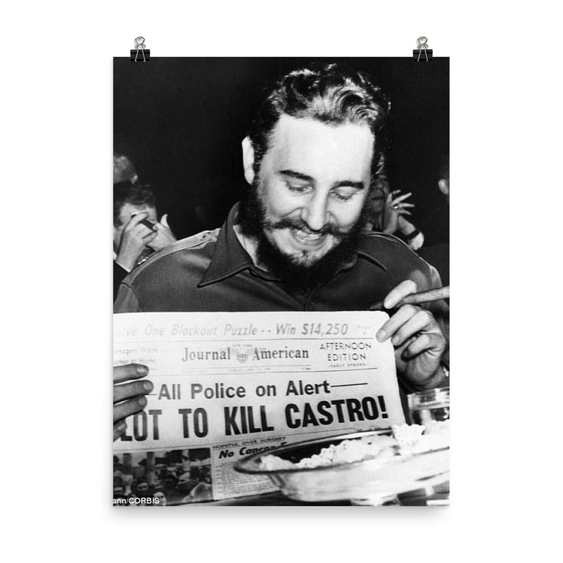 Fidel Castro Laughing at Newspaper Headline, New York 1959 poster on a plain backdrop in size 8
