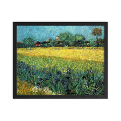 Field with Irises Near Arles by Vincent van Gogh, 1888 framed print on a plain backdrop in size 16"x20".