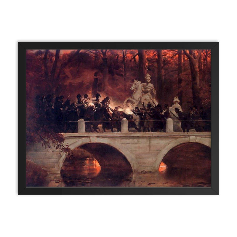 Fighting Between Polish Insurgents and Russian Cuirassiers in Łazienki Park by Wojciech Kossak framed print on a plain backdrop in size 18
