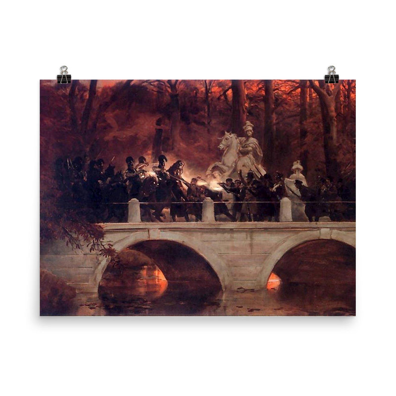 Fighting Between Polish Insurgents and Russian Cuirassiers in Łazienki Park by Wojciech Kossak poster on a plain backdrop in size 8