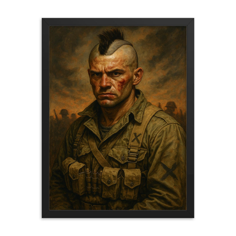 Filthy Thirteen mohawk haircut before D Day framed print on a plain backdrop in size 18