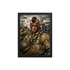 Filthy Thirteen Mohawk haircut before D Day jump framed print on a plain backdrop in size 12"x16".