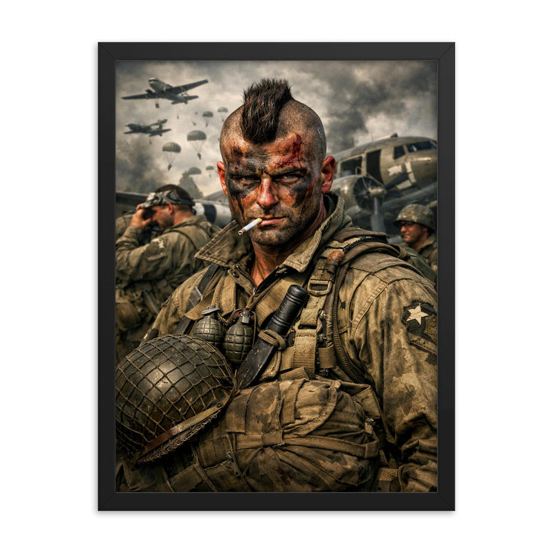 Filthy Thirteen Mohawk haircut before D Day jump framed print on a plain backdrop in size 18