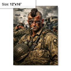 Filthy Thirteen Mohawk haircut before D Day jump metal print on a plain backdrop in size 12"x16".