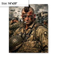 Filthy Thirteen Mohawk haircut before D Day jump metal print on a plain backdrop in size 16"x20".