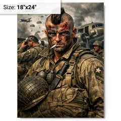 Filthy Thirteen Mohawk haircut before D Day jump metal print on a plain backdrop in size 18"x24".
