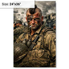 Filthy Thirteen Mohawk haircut before D Day jump metal print on a plain backdrop in size 24"x36".