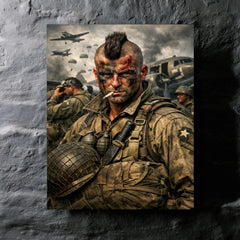 Filthy Thirteen Mohawk haircut before D Day jump metal print mockup