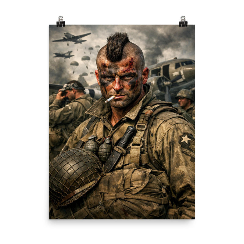 Filthy Thirteen Mohawk haircut before D Day jump poster on a plain backdrop in size 8