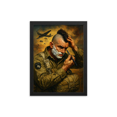 Filthy Thirteen paratrooper shaving Mohawk before jump framed print on a plain backdrop in size 12"x16".