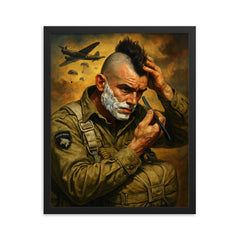 Filthy Thirteen paratrooper shaving Mohawk before jump framed print on a plain backdrop in size 16"x20".