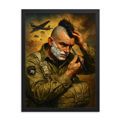 Filthy Thirteen paratrooper shaving Mohawk before jump framed print on a plain backdrop in size 18"x24".