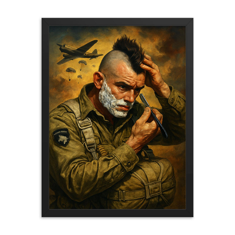Filthy Thirteen paratrooper shaving Mohawk before jump framed print on a plain backdrop in size 18