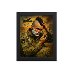 Filthy Thirteen paratrooper shaving Mohawk before jump framed print on a plain backdrop in size 8"x10".