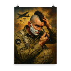 Filthy Thirteen paratrooper shaving Mohawk before jump poster on a plain backdrop in size 8"x10".
