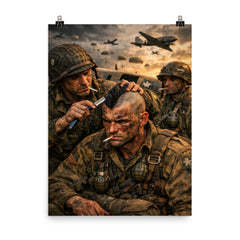 Filthy Thirteen paratrooper shaving Mohawk before jump poster on a plain backdrop in size 8"x10".