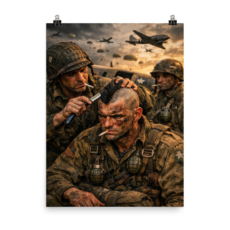 Filthy Thirteen paratrooper shaving Mohawk before jump poster on a plain backdrop in size 8