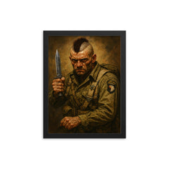 Filthy Thirteen paratrooper with Mohawk and combat knife framed print mockup 12x16
