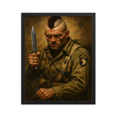 Filthy Thirteen paratrooper with Mohawk and combat knife framed print mockup 16x20