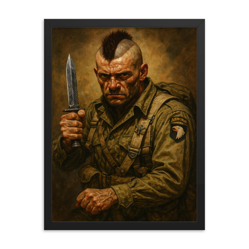 Filthy Thirteen paratrooper with Mohawk and combat knife framed print mockup 18x24