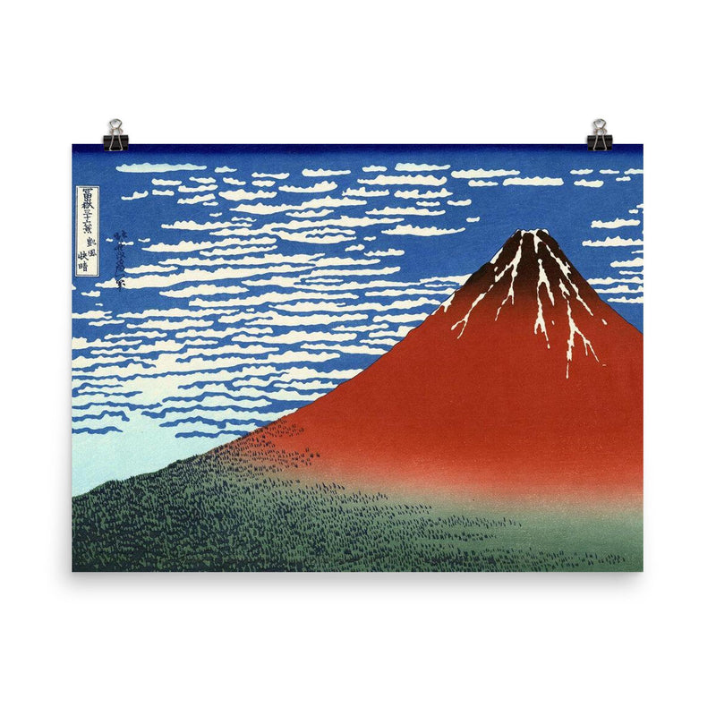 Fine Wind Clear Morning, also known as Red Fuji by Hokusai poster on a plain backdrop in size 8
