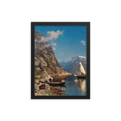 Fiord Landscape by Morten Müller, 1877 framed print on a plain backdrop in size 12"x16".