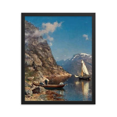 Fiord Landscape by Morten Müller, 1877 framed print on a plain backdrop in size 16"x20".