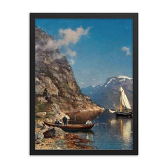 Fiord Landscape by Morten Müller, 1877 framed print on a plain backdrop in size 18"x24".