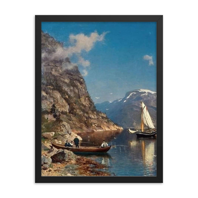 Fiord Landscape by Morten Müller, 1877 framed print on a plain backdrop in size 18
