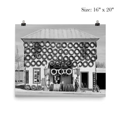 Firestone Tire Shop, 1940 - a used tire shop and filling station displaying tires from top to bottom San Marcos, Texas poster 2