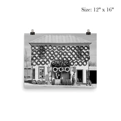 Firestone Tire Shop, 1940 - a used tire shop and filling station displaying tires from top to bottom San Marcos, Texas poster 3