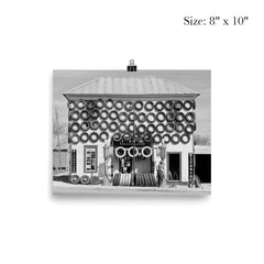 Firestone Tire Shop, 1940 - a used tire shop and filling station displaying tires from top to bottom San Marcos, Texas poster 4