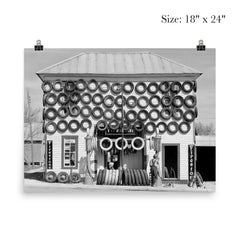 Firestone Tire Shop, 1940 - a used tire shop and filling station displaying tires from top to bottom San Marcos, Texas poster 5