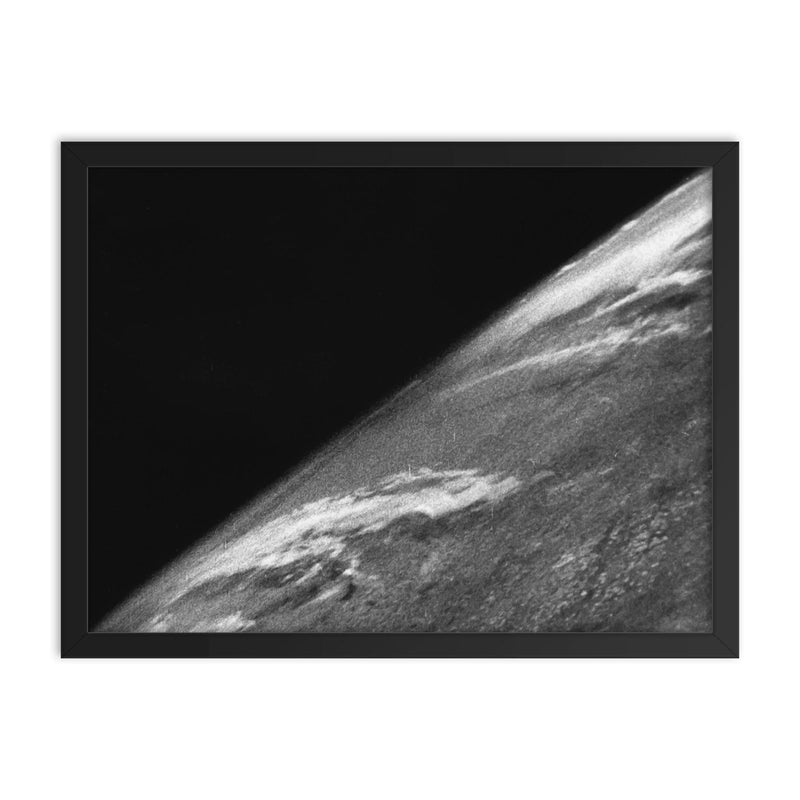 First Photo of Earth from Outer Space, October 24th 1946 framed print on a plain backdrop in size 18
