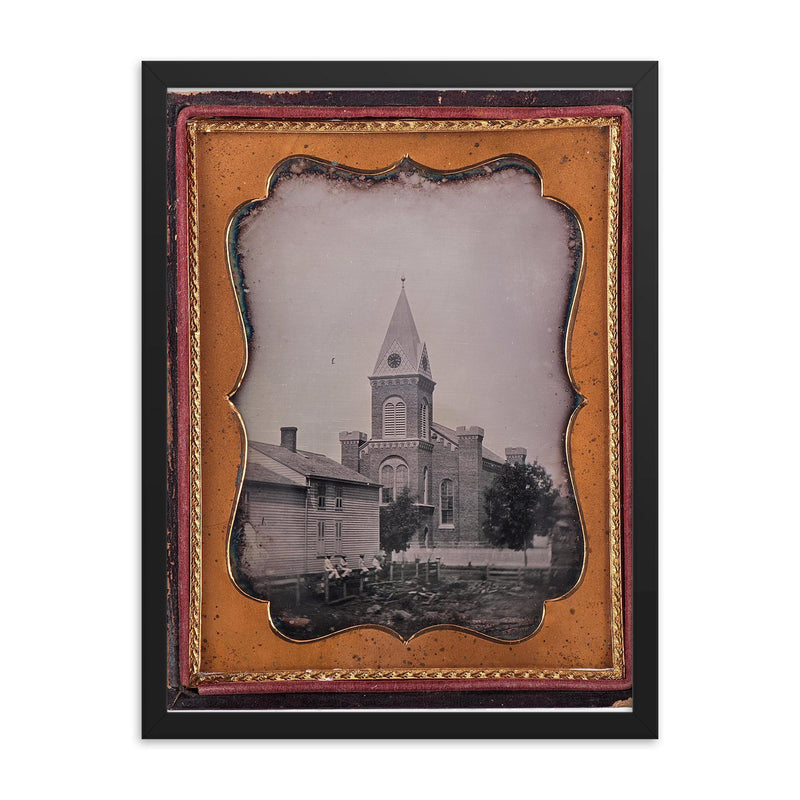 First Presbyterian Church in Niagara Falls, New York, c. 1850 framed print on a plain backdrop in size 18