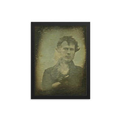 First Selfie by Robert Cornelius, 1839 framed print on a plain backdrop in size 12"x16".