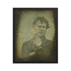 First Selfie by Robert Cornelius, 1839 framed print on a plain backdrop in size 16"x20".