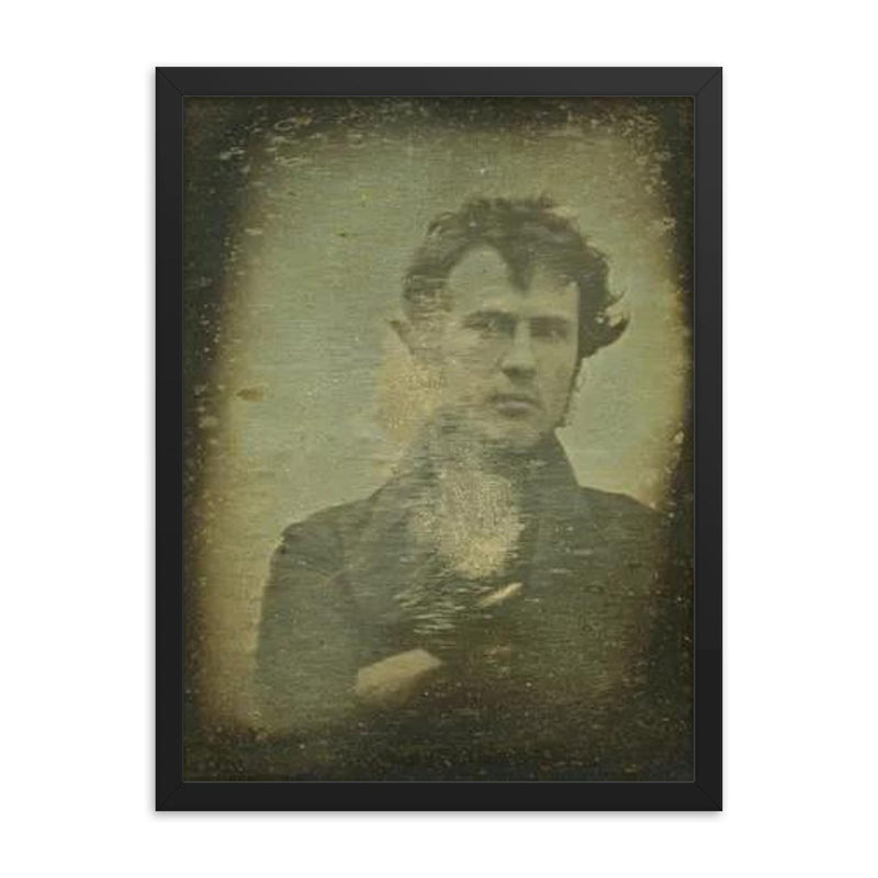 First Selfie by Robert Cornelius, 1839 framed print on a plain backdrop in size 18