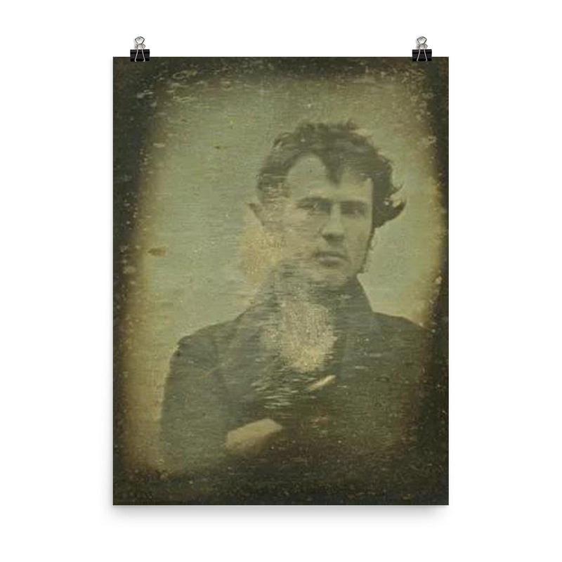 First Selfie by Robert Cornelius, 1839 poster on a plain backdrop in size 8