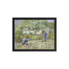 First Steps After Millet by Vincent van Gogh, 1890 framed print on a plain backdrop in size 12"x16".