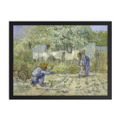 First Steps After Millet by Vincent van Gogh, 1890 framed print on a plain backdrop in size 18"x24".