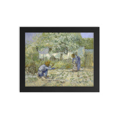 First Steps After Millet by Vincent van Gogh, 1890 framed print on a plain backdrop in size 8"x10".