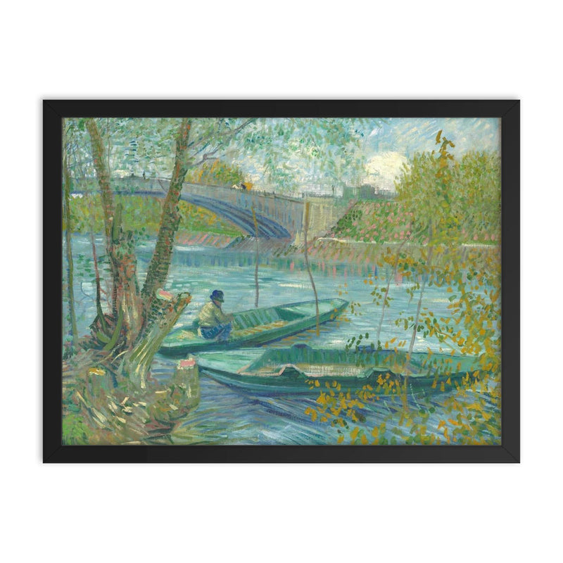 Fishing in Spring by Vincent van Gogh, 1887 framed print on a plain backdrop in size 18