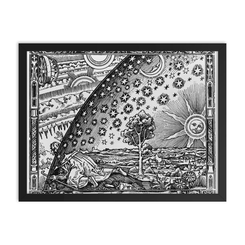 Flammarion Engraving framed print on a plain backdrop in size 18