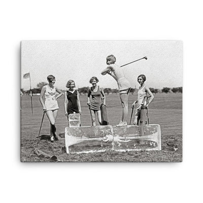 Flapper Girls Playing Golf, 1926 - A flapper girl tees off while standing on a giant block of ice, Washington, DC canvas print on a plain backdrop in size 18