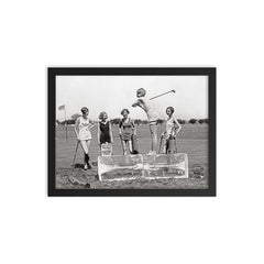 Flapper Girls Playing Golf, 1926 - A flapper girl tees off while standing on a giant block of ice, Washington, DC framed print on a plain backdrop in size 12"x16".