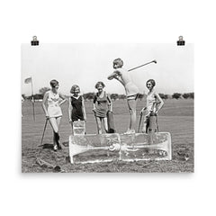 Flapper Girls Playing Golf, 1926 - A flapper girl tees off while standing on a giant block of ice, Washington, DC poster on a plain backdrop in size 8"x10".