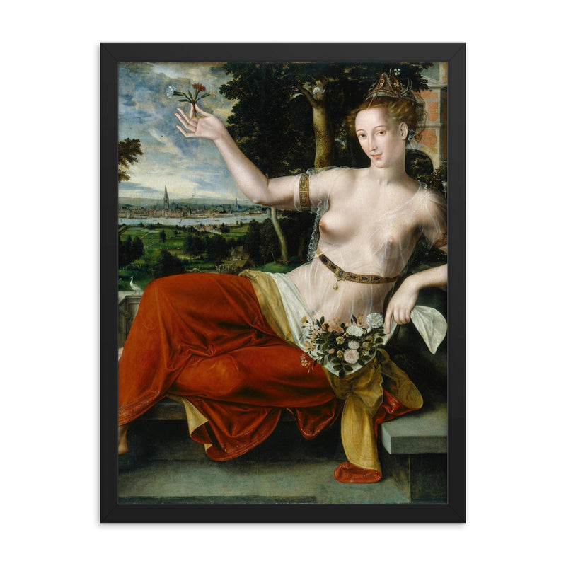 Flora by Jan Massys, 1559 framed print on a plain backdrop in size 18