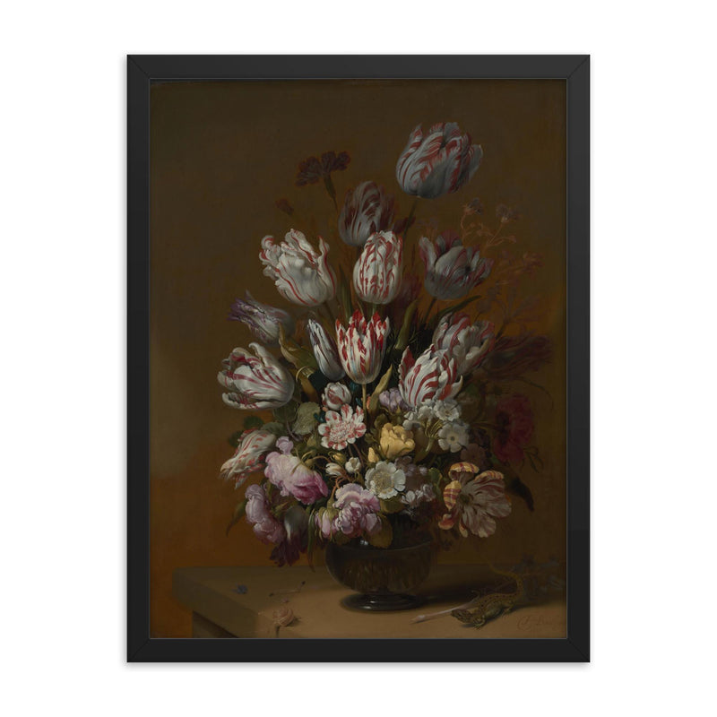 Floral Still Life by Hans Bollongier, 1639 framed print on a plain backdrop in size 18