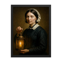 Florence Nightingale framed print on a plain backdrop in size 18"x24".